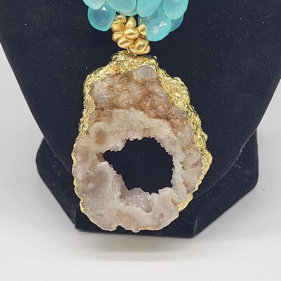 Laura J Finery Gold Plated Brass Necklace Druzy Geode Pendant Teal Gemstones - Picture 2 of 12